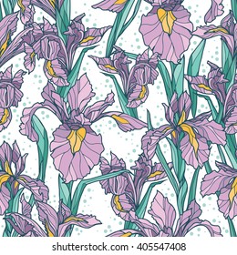 Seamless pattern with beautiful irises flowers,art deco style,  vector illustration