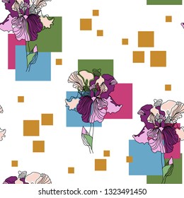 Seamless pattern with beautiful irises and geometric shapes. Hand-drawn floral background for textile, cover, wallpaper, gift packaging, printing.Romantic design for calico, silk.