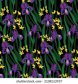 Seamless pattern with beautiful irises in the grass. Summer floral print, fresh botanical background with purple flowers, leaves on dark field. Vector illustration.