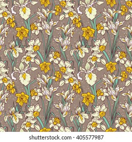 Seamless pattern with beautiful irises and narcissus flowers, vector illustration