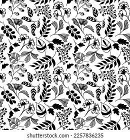 Seamless pattern with beautiful leaves different trees . Hand-drawn bold brush style. Abstract black geometric leaves, stylized decorative leaves. Botanical ornament in retro style.