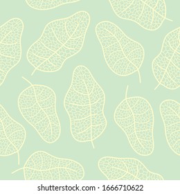 Seamless pattern with beautiful leaves on a soft green background. In the outline style. For textiles, Wallpapers, banners, backgrounds, and other designs. Vector illustration.
