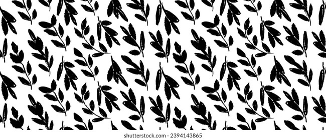 Seamless pattern with beautiful leaves  plants. Hand-drawn bold brush style. Abstract black geometric leaves, decorative leaves. Botanical ornament in retro style.