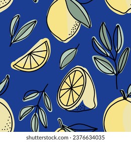 Seamless pattern beautiful lemon fruits and leaves vector. Floral pattern.
