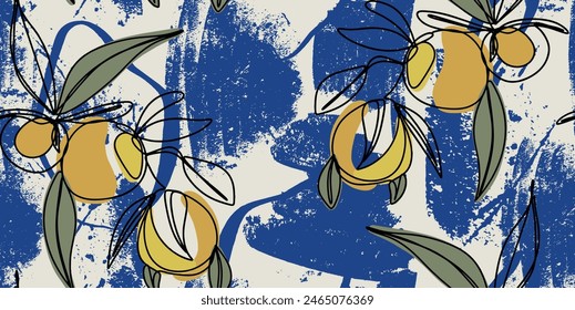 Seamless pattern beautiful lemon fruits and abstract forms