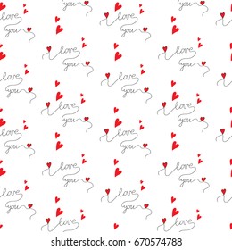 Seamless pattern with beautiful lettering I love you with red hearts. Vector seamless pattern for Valentine day and other greeting card or design.