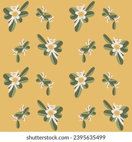 Seamless pattern, beautiful light yellow Frangipani flowers  (Plumeria), green leaves, on a light brown background, modern vintage style.
