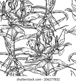 Seamless pattern of beautiful lilies, monochrome