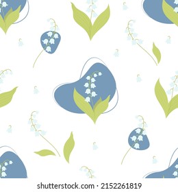 Seamless pattern with beautiful lilies of the valley and leaves on white background. Vector illustration. Spring pattern with forest may flower for design, packaging, decor and decoration, print