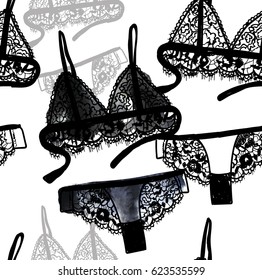 Seamless pattern beautiful lingerie. Drawing by hand in vintage style. Bra and panties. Beautiful lace. Handmade linen.