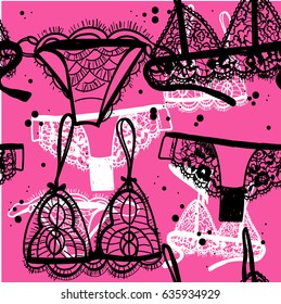 Seamless pattern beautiful lingerie. Drawing by hand in vintage style. Bra and panties. Beautiful lace. Handmade linen.