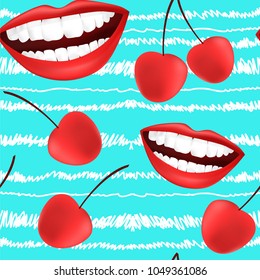 
Seamless pattern. Beautiful lips and cherry on a blue background.