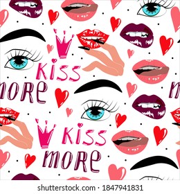 
Seamless pattern with beautiful lips, print for beauty sphere and fabric or wrapper, trendy pattern with kisses and pink lips, painted lips and eyes with long eyelashes, vector illustration.