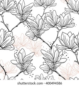 Seamless pattern with beautiful magnolia flowers in japanese style, vector illustration