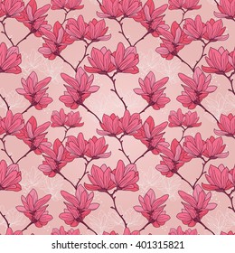Seamless pattern with beautiful magnolia flowers in pink colors, vector illustration