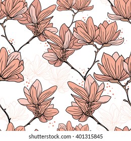 Seamless pattern with beautiful magnolia flowers in japanese style, vector illustration