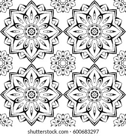Seamless pattern with beautiful mandalas in black and white colors. Vector ornaments in grunge style 