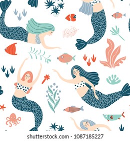 Seamless pattern with beautiful mermaid girl, fish and underwater plants on a white background. Vector illustration.