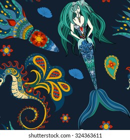 Seamless Pattern beautiful mermaid with tail in the sea underwater  vector illustration, fantasy girl swimming in water ocean hand drawn background