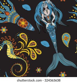 Seamless Pattern beautiful mermaid with tail in the sea underwater  vector illustration, fantasy girl swimming in water ocean hand drawn background 