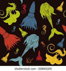 Seamless Pattern beautiful mermaid with tail in the sea underwater  vector illustration, fantasy girl swimming in water ocean hand drawn background