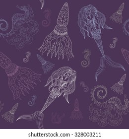 Seamless Pattern beautiful mermaid with tail in the sea underwater  vector illustration, fantasy girl swimming in water ocean hand drawn background