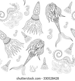 Seamless Pattern beautiful mermaid with tail in the sea underwater  vector illustration, fantasy girl swimming in water ocean hand drawn background