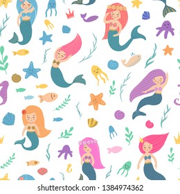Seamless pattern with beautiful mermaids. Fish, jellyfish, algae and other marine world. Vector illustration. Template the sea elements.