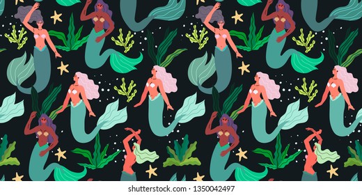 Seamless pattern with beautiful mermaids and floral elements on a black background. Summer theme.
