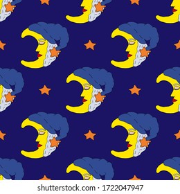 Seamless pattern beautiful moon in nightcap sleeps in starry sky. Yellow crescent with female profile. Vector hand drawn illustration. Great design for kids room, wrapping paper, postcard, fabric.