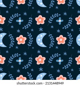 Seamless pattern with beautiful moons, leaves and flowers. Vector graphic on a dark blue background. Hand drawing for cover design  phone cases,  t-shirt pillow prints, wrapping paper.