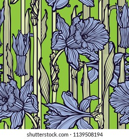 Seamless pattern with beautiful narcissus flowers in art nouveau style