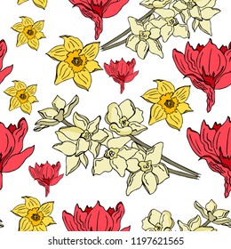 Seamless pattern with beautiful narcissus flowers in doodle style, art nouveau background, vector illustration