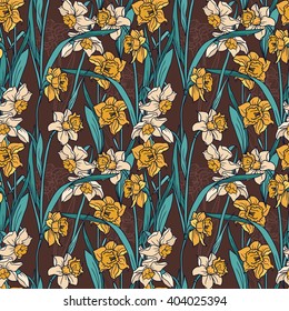 Seamless pattern with beautiful  narcissus flowers in retro style, vector illustration