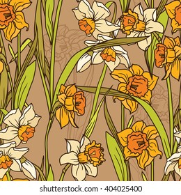 Seamless pattern with beautiful  narcissus flowers, vector illustration