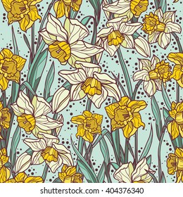 Seamless Pattern With Beautiful  Narcissus Flowers In Mosaic Style, Art Nouveau Background, Vector Illustration