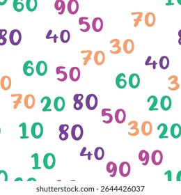 Seamless pattern with beautiful numbers. Ten, twenty, thirty, forty, fifty, sixty, seventy eighty ninety Algebra and geometry