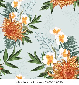 Seamless pattern. Beautiful orange blooming flowers. Vintage light blue background. Lilies, chrysanthemums and wildflowers. Wallpaper or print for textile. Drawing engraving.