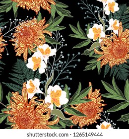 Seamless pattern. Beautiful orange blooming flowers. Vintage black background. Lilies, chrysanthemums and wildflowers. Wallpaper or print for textile. Drawing engraving.