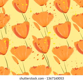 Seamless pattern with beautiful orange flowers and pollen splashes. California poppies, spring flowers, tulips. Vector illustration