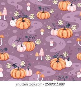 Seamless pattern with beautiful orange and pastel pink pumpkins and yellow flowers on a purple background. Repeated surface vector design.