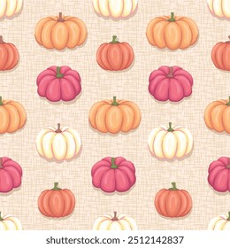 Seamless pattern with beautiful orange, pink and pastel yellow pumpkins on a beige background. Rustic cottage core repeated surface vector design.