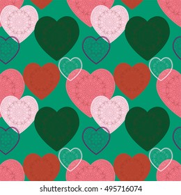 Seamless pattern with beautiful ornamental hearts in trendy bright colors. Vector background