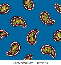 Seamless pattern of beautiful paisley cucumbers on a snorkel blue background. Turkish, Indian, Persian. Vector illustration