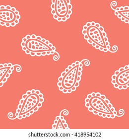 Seamless pattern of beautiful paisley cucumbers on a peach echo background. Vector illustration
