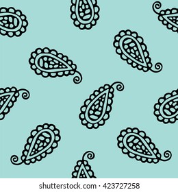 Seamless pattern of beautiful paisley cucumbers on a limpet shell background. Turkish, Indian, Persian. Vector illustration