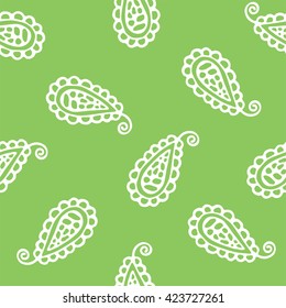 Seamless pattern of beautiful paisley cucumbers on a green flash background. Turkish, Indian, Persian. Vector illustration