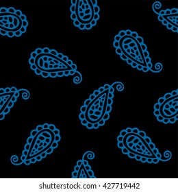 Seamless pattern of beautiful paisley cucumbers on a black background. Turkish, Indian, Persian. Vector illustration
