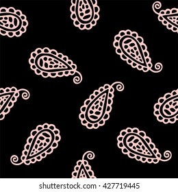 Seamless pattern of beautiful paisley cucumbers on a black background. Turkish, Indian, Persian. Vector illustration