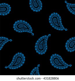 Seamless pattern of beautiful paisley cucumbers on a black background. Turkish, Indian, Persian. Vector illustration